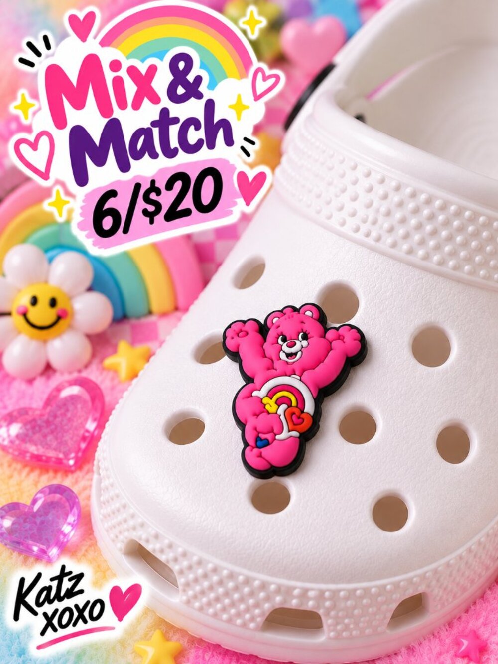 Care Bears Cheer Bear Croc Shoe Charm Hot Pink Rainbow Heart Retro Jibbitz Style